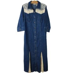 Faded Glory Blue Denim Cream Lace Flare Hem Western Prairie Jumper Dress 16 W